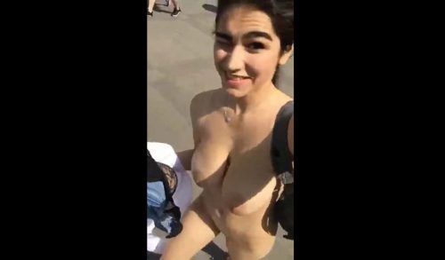 Big Tit Brunette Girl Stripping Naked In Public